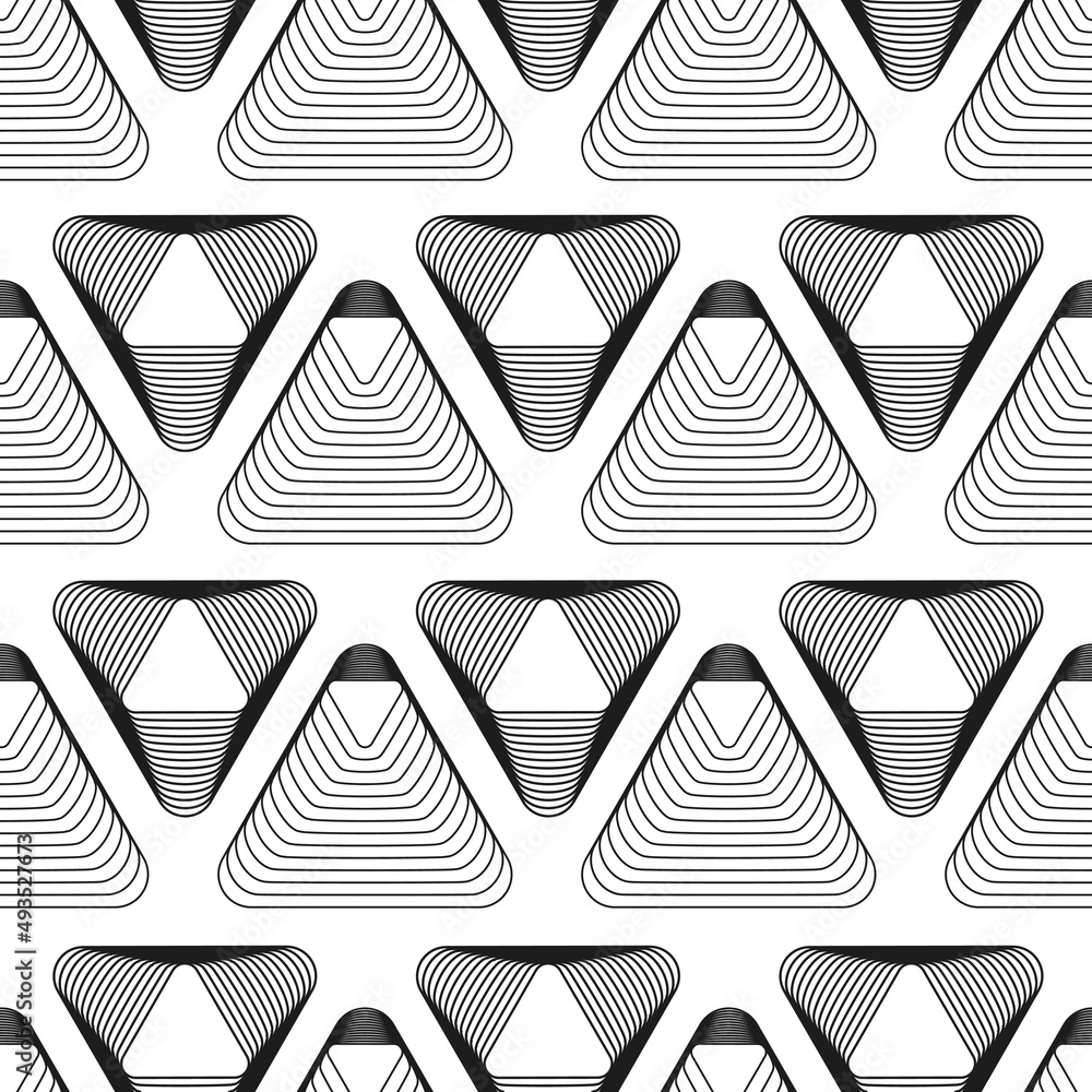 Poster black striped triangles with rounded corners are arranged in rows and create a geometric pattern. se