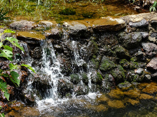 Cascata de pedras, logo antes de pequeno lago de nascente com águas cristalinas, localizada no parque das Mangabeiras, Belo Horizonte, Minas Gerias.