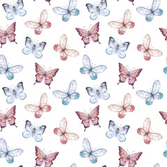 Watercolor seamless pattern with butterflies on a white background for decor, prints, wallpapers.