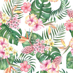 Tropical watercolor seamless pattern with flowers and leaves on a white background.