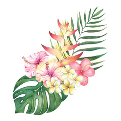 Tropical watercolor bouquet with flowers and leaves on a white background.