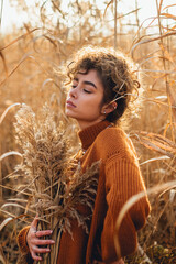 Portrait of beautiful young woman outdoor posing with light flare and sunset backlight