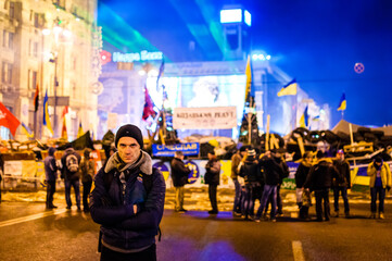 A man at the barricades in Kyiv. Anti-government protest in Ukraine