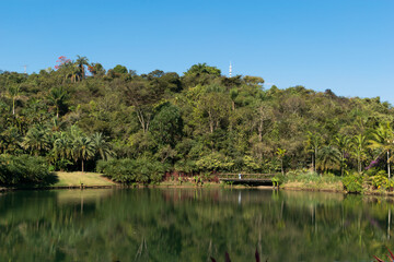Fototapeta na wymiar Linda vista de lago artificial, com muita vegetação ao redor e um lindo reflexo dessa vegetação, céu azul sem nuvens e um pequena ponte ao fundo, localizado no museu a céu aberto de Minas Gerais.