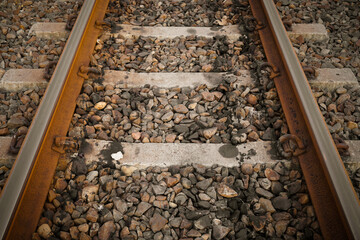 Train tracks, railroad tracks on gravel type ballast or kricak.