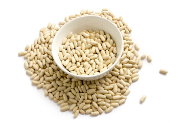 Top view of a bowl of white beans on a white background. healthy and natural food. Vegan food rich in vitamins. Copy space.