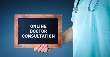 Online doctor consultation. Doctor shows sign/board with wooden frame. Background blue