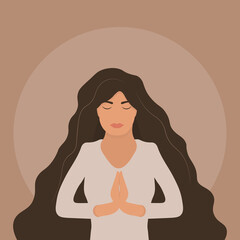Young female pray hand pose. Flat vector character illustration in prayer pose. 