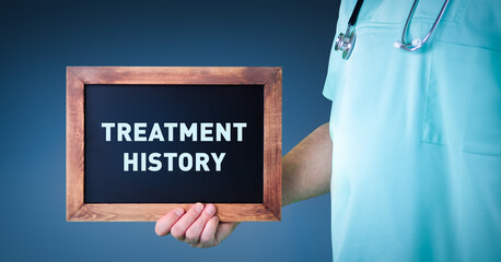 Treatment history. Doctor shows sign/board with wooden frame. Background blue