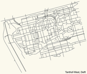 Detailed navigation black lines urban street roads map of the TANTHOF-WEST DISTRICT of the Dutch regional capital city Delft, Netherlands on vintage beige background