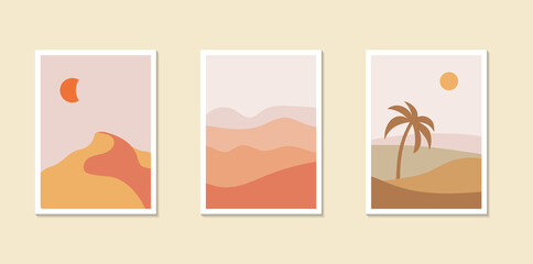 Bohemian wall poster collection. Africa landscape with palm, and dune. Abstract fields and desert. Vector illustration