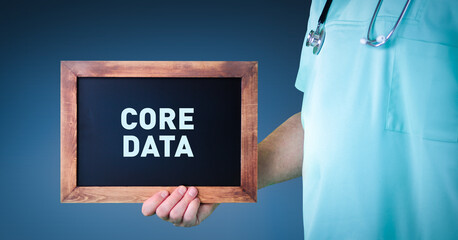 Core Data. Doctor shows sign/board with wooden frame. Background blue