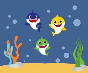 Fototapeta na wymiar Shark cards. Birthday invite, happy child party in ocean style. Cartoon sharks characters.