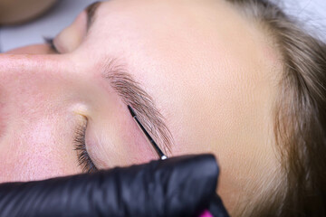 applying paint to the hair of the eyebrows after laminating the eyebrows with a thin brush