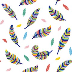 Seamless pattern in boho style with colorful feathers. Vector illustration.