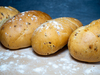 Buns stuffed with onions. Lush flour products. Hearty food. Unhealthy food.  wheat flour bun