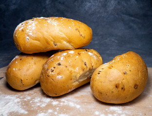 Buns stuffed with onions. Lush flour products. Hearty food.   At the bakery. wheat flour bun