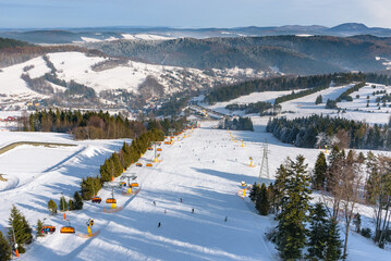 Aerial view of ski slope at Slotwiny Arena ski station
