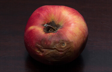 A red rotten apple. Spoiled fruit. The concept of death.