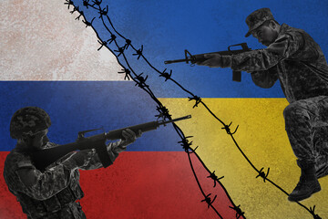 Collage with soldiers and flags of Russia and Ukraine. Stop the war
