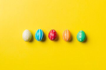 holiday preparation Multi colors Easter eggs on colored background . Pastel color Easter eggs. holiday concept with copy space