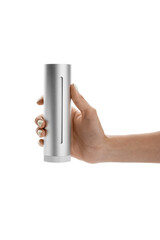 Female hand with digital weather station on white background, closeup