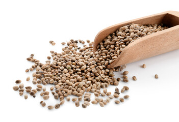 Scoop with hemp seeds on white background