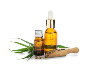 Bottles of CBD oil on white background