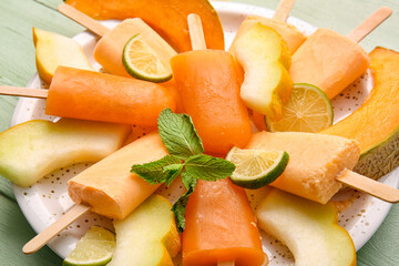 Plate with tasty popsicles and melon pieces on green wooden background