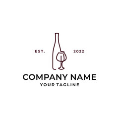 Bottle and glass of wine line art logo design