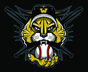 wildcat mascot holding baseball and crossed bats for school, college or league