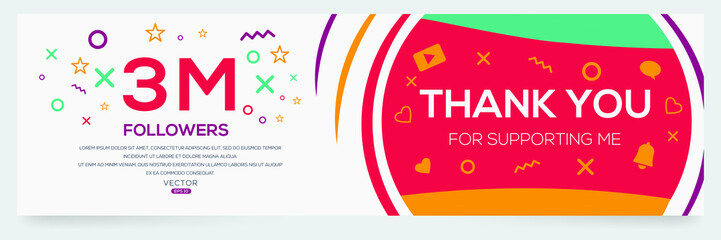 Creative Thank you (3Million, 3000000) followers celebration template design for social network and follower ,Vector illustration.