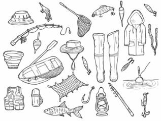 Doodle Fishing set. Fishing and Camping stuff in vector. Hand drawn illustration. © Saramix