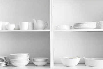Fototapeta na wymiar Shelf unit with set of clean dishes in kitchen