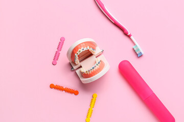Model of jaw with dental braces, toothbrush, case and rubber bands on pink background