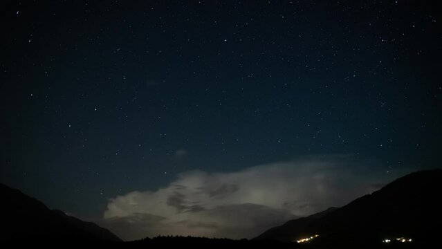 Timelapse of dramatic storm and lightning over alpine valley in dark summer evening. High quality 4k footage. Resia Pass, Alto Adige, Italy