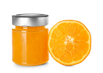 Jar of tasty orange jam on white background