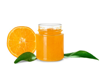 Jar of tasty orange jam on white background