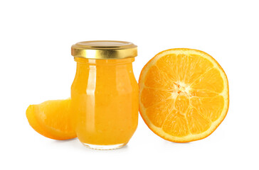 Jar of tasty orange jam on white background