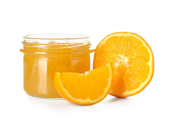 Jar of tasty orange jam isolated on white background