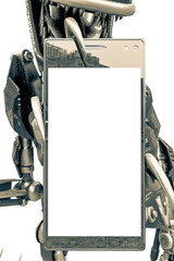 velociraptor robot holding a cellphone close up two