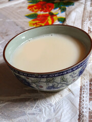 A cup of suutei tsai (milk tea in Mongolian) also known as Mongolian salty tea, a traditional Mongolian hot beverage.   
