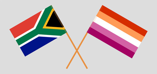 Crossed flags of South Africa and Lesbian Pride. Official colors. Correct proportion