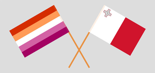 Fototapeta na wymiar Crossed flags of Malta and Lesbian Pride. Official colors. Correct proportion