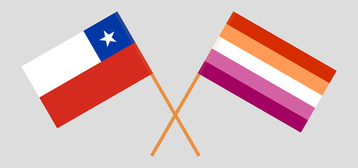 Fototapeta na wymiar Crossed flags of Chile and Lesbian Pride. Official colors. Correct proportion
