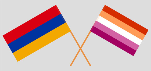 Crossed flags of Armenia and Lesbian Pride. Official colors. Correct proportion