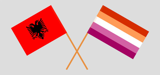 Crossed flags of Albania and Lesbian Pride. Official colors. Correct proportion
