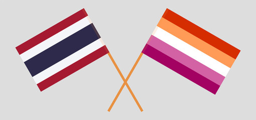 Fototapeta na wymiar Crossed flags of Thailand and Lesbian Pride. Official colors. Correct proportion