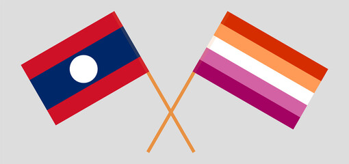 Crossed flags of Laos and Lesbian Pride. Official colors. Correct proportion