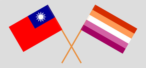 Fototapeta na wymiar Crossed flags of Taiwan and Lesbian Pride. Official colors. Correct proportion